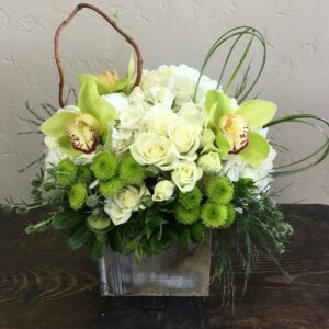 pink roses and bright green orchid blooms