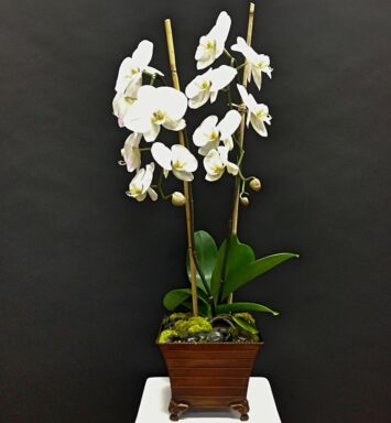 orchids arranged in a wood planter