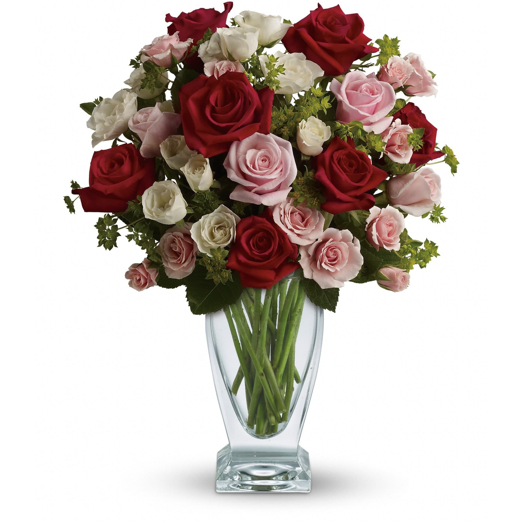 red pink white roses in a vase