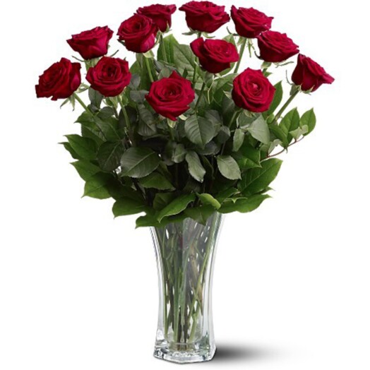 one dozen red long stem roses in a glass vase