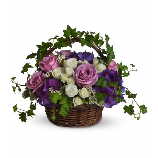 purple hydrangea, lavender roses, white spray roses