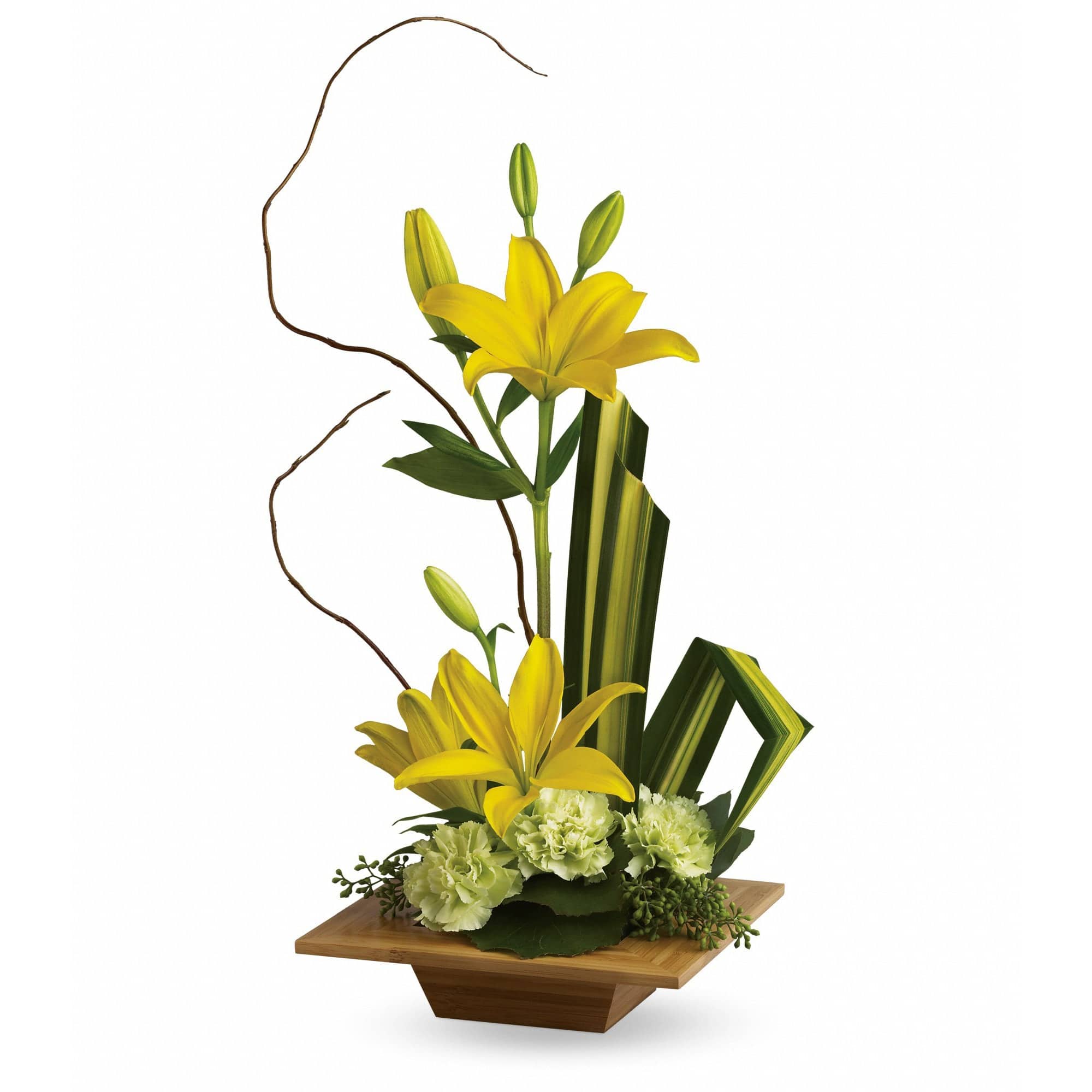 yellow asiatic lilies and green carnations accented with tropical greenery