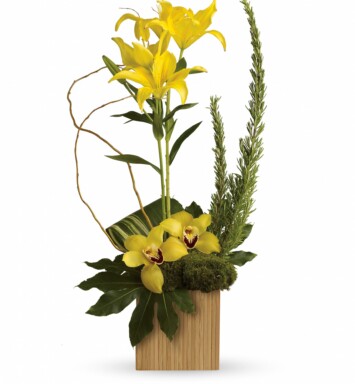 yellow lilies and orchids in bamboo