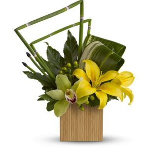 Asiatic lilies, green cymbidium orchids and green hypericum