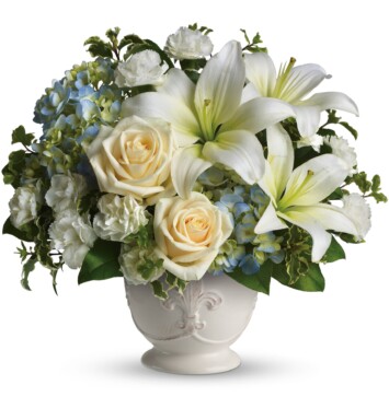 blue hydrangeas, crème roses, white miniature carnations, fragrant white asiatic lilies