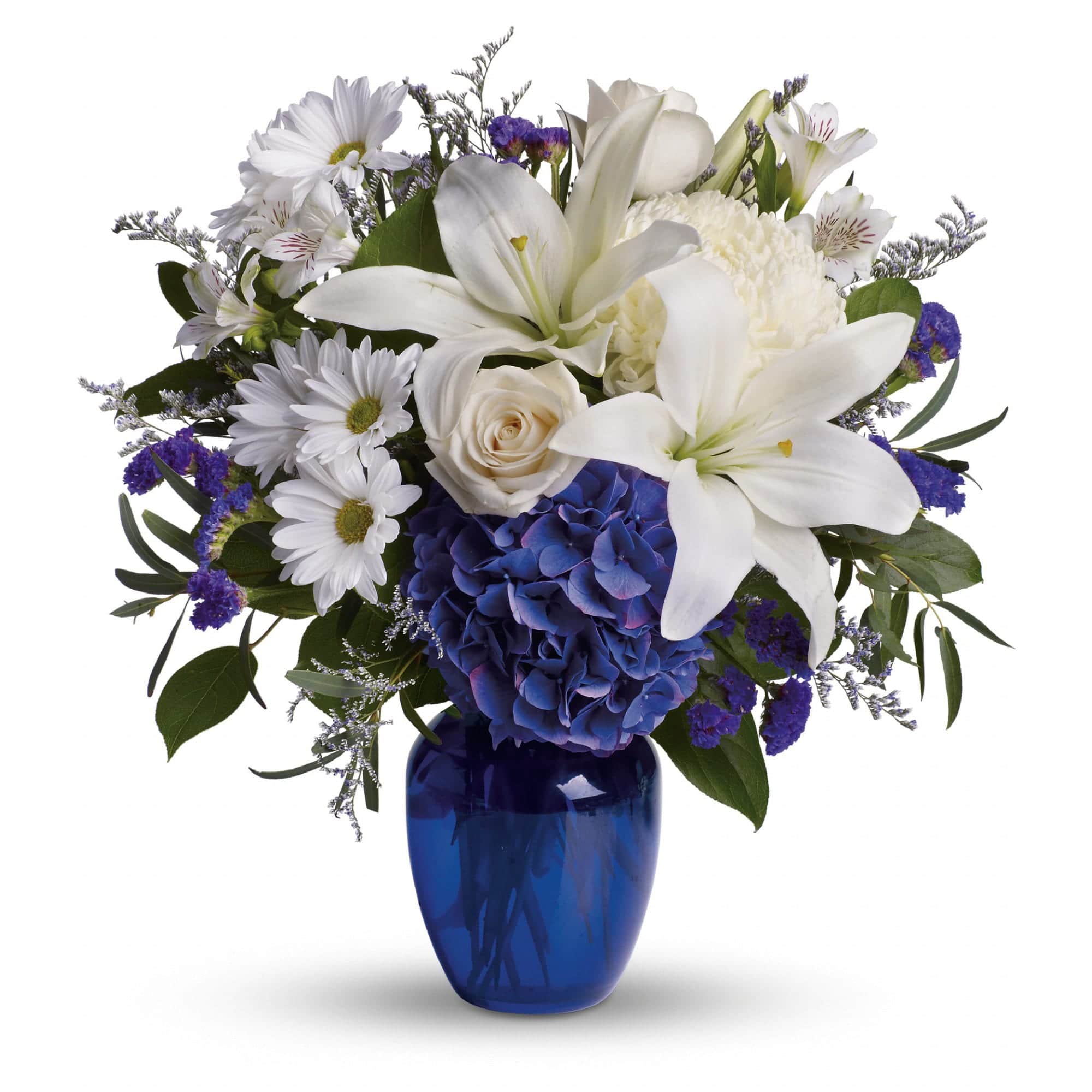 blue hydrangea, crème roses, graceful white oriental lilies, white alstroemeria