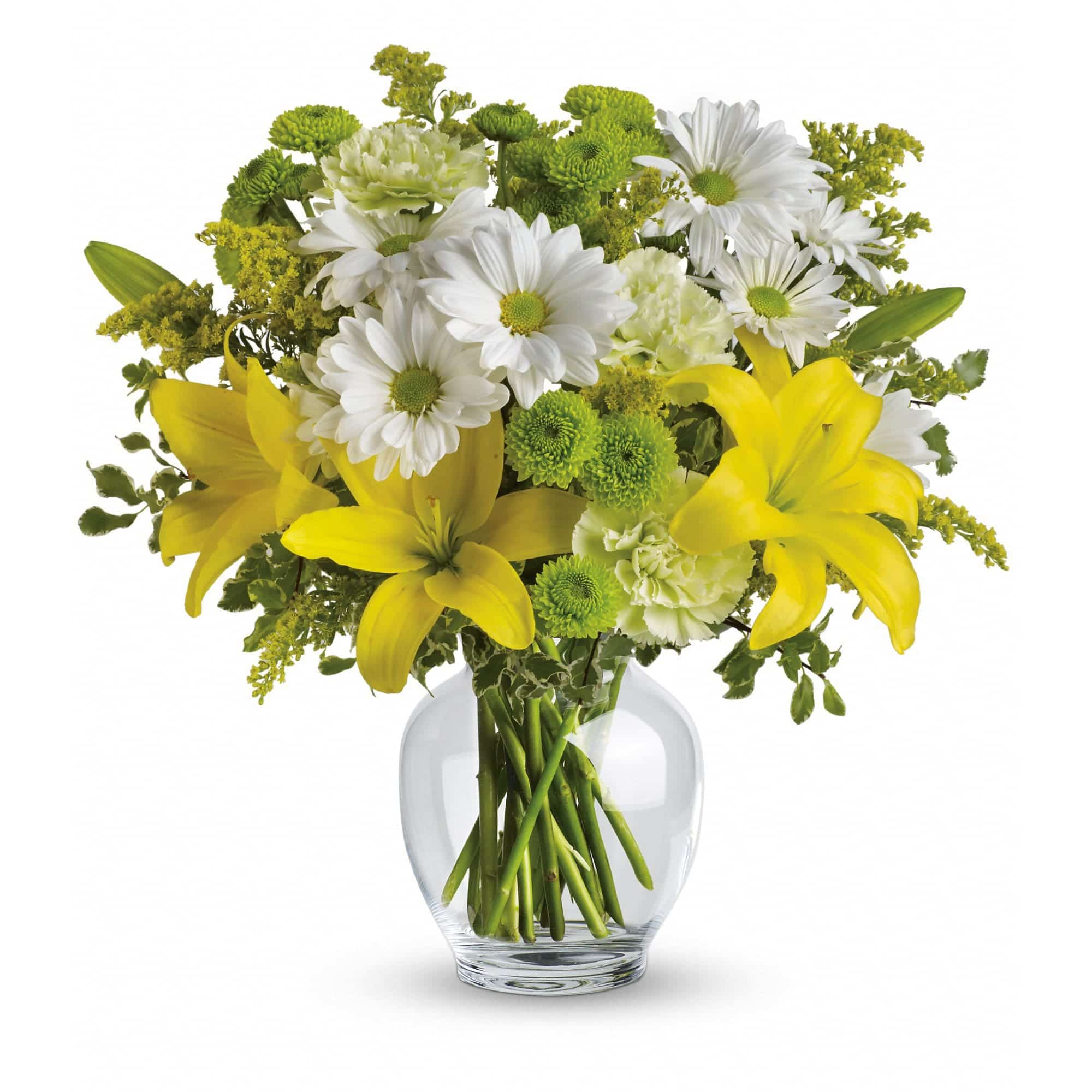 yellow lilies, green carnations