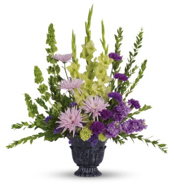 gladioli, lavender stock, green carnations, purple carnations, lavender spider chrysanthemums, bells of Ireland