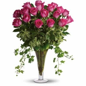 18 pink roses in vase