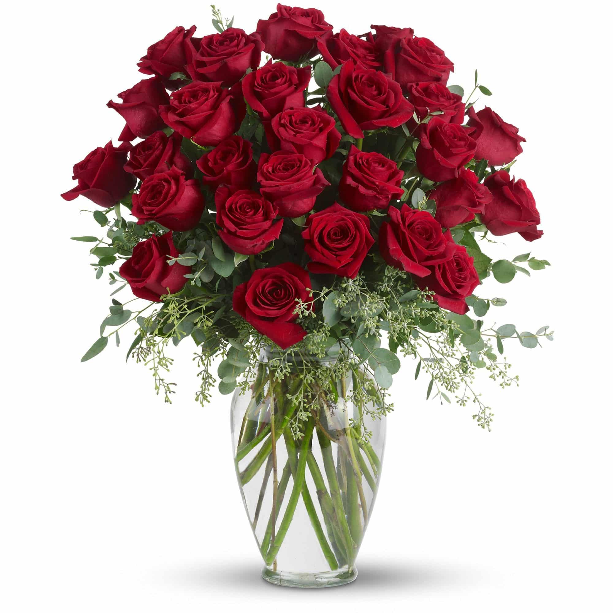 thirty red roses in a vase