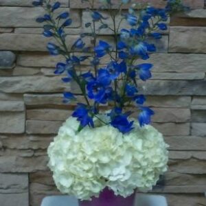 white hydrangeas and blue orchids