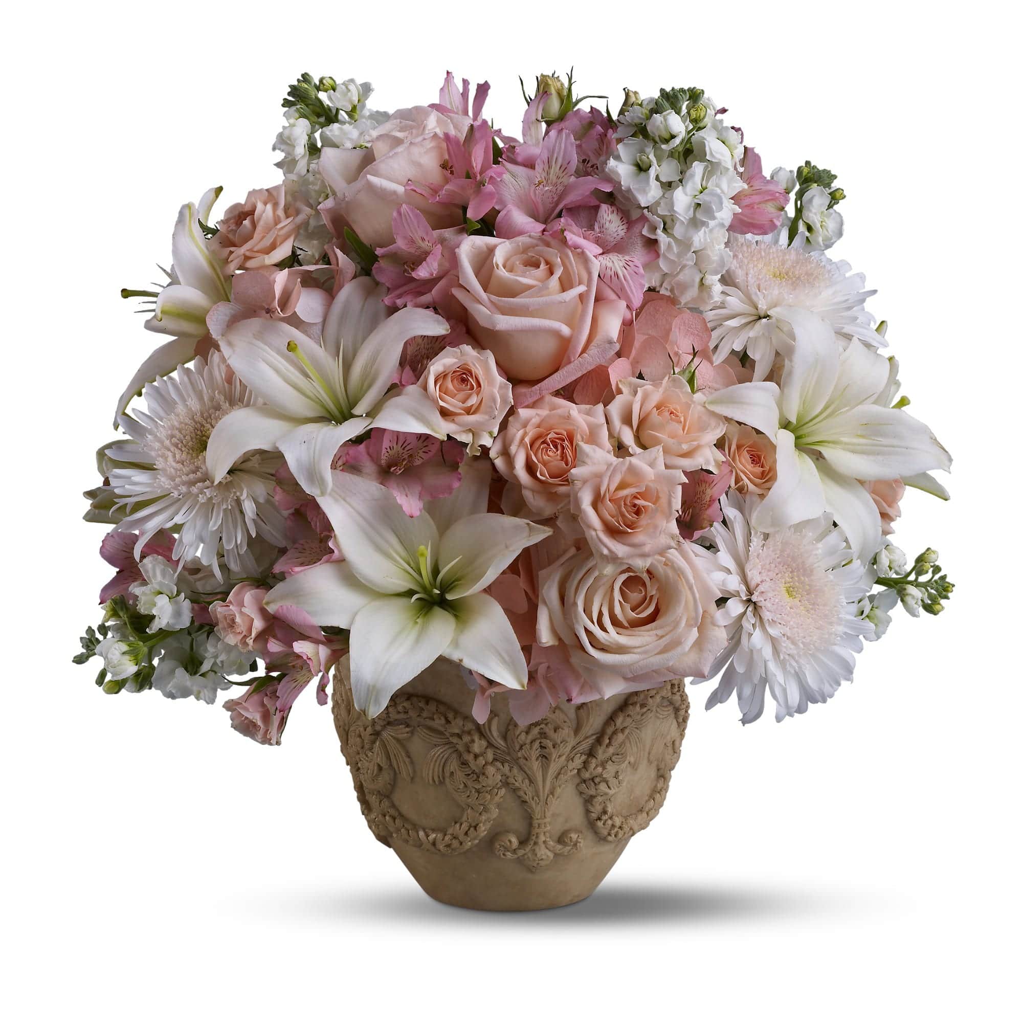 hydrangea, roses and alstroemeria are mixed with white flowers