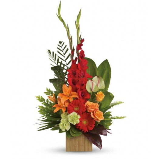 orange roses, orange asiatic lilies, green anthuriums, red gerberas, red gladioli and green carnations