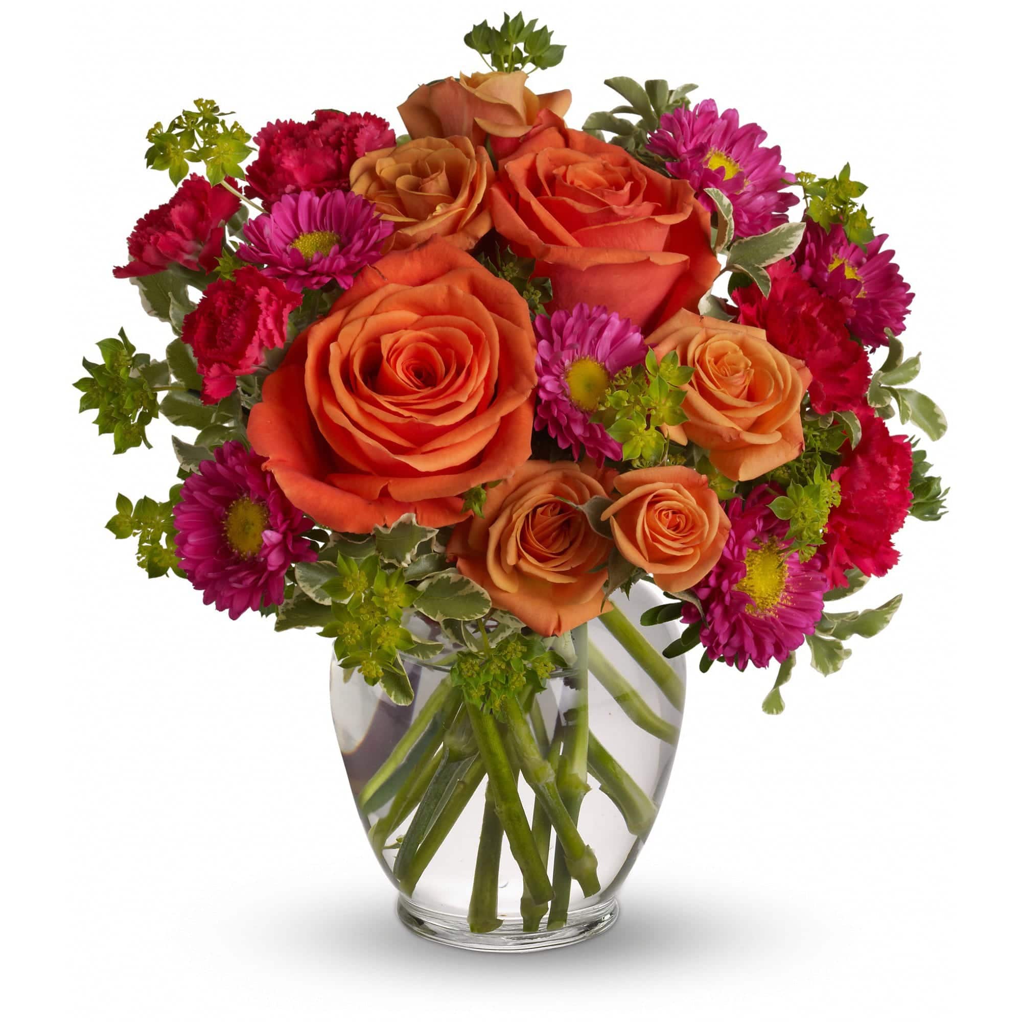 roses and carnations in glass vase