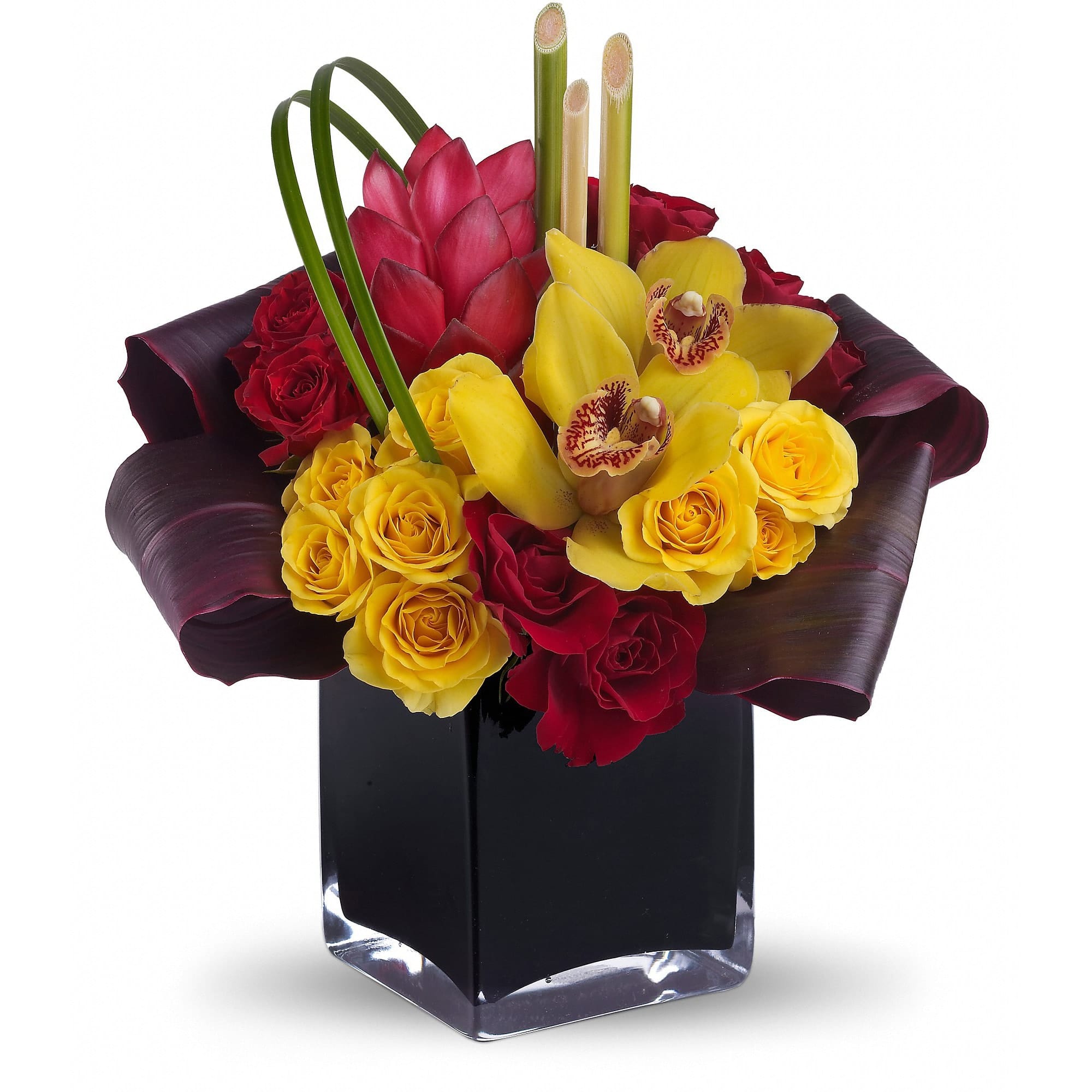 Yellow cymbidium orchids, red ginger, red and yellow spray roses