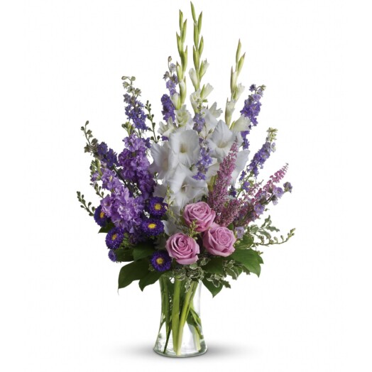 f lavender larkspur and roses, deep purple asters, pure white gladioli