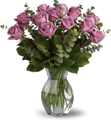 12 lavender roses in a vase
