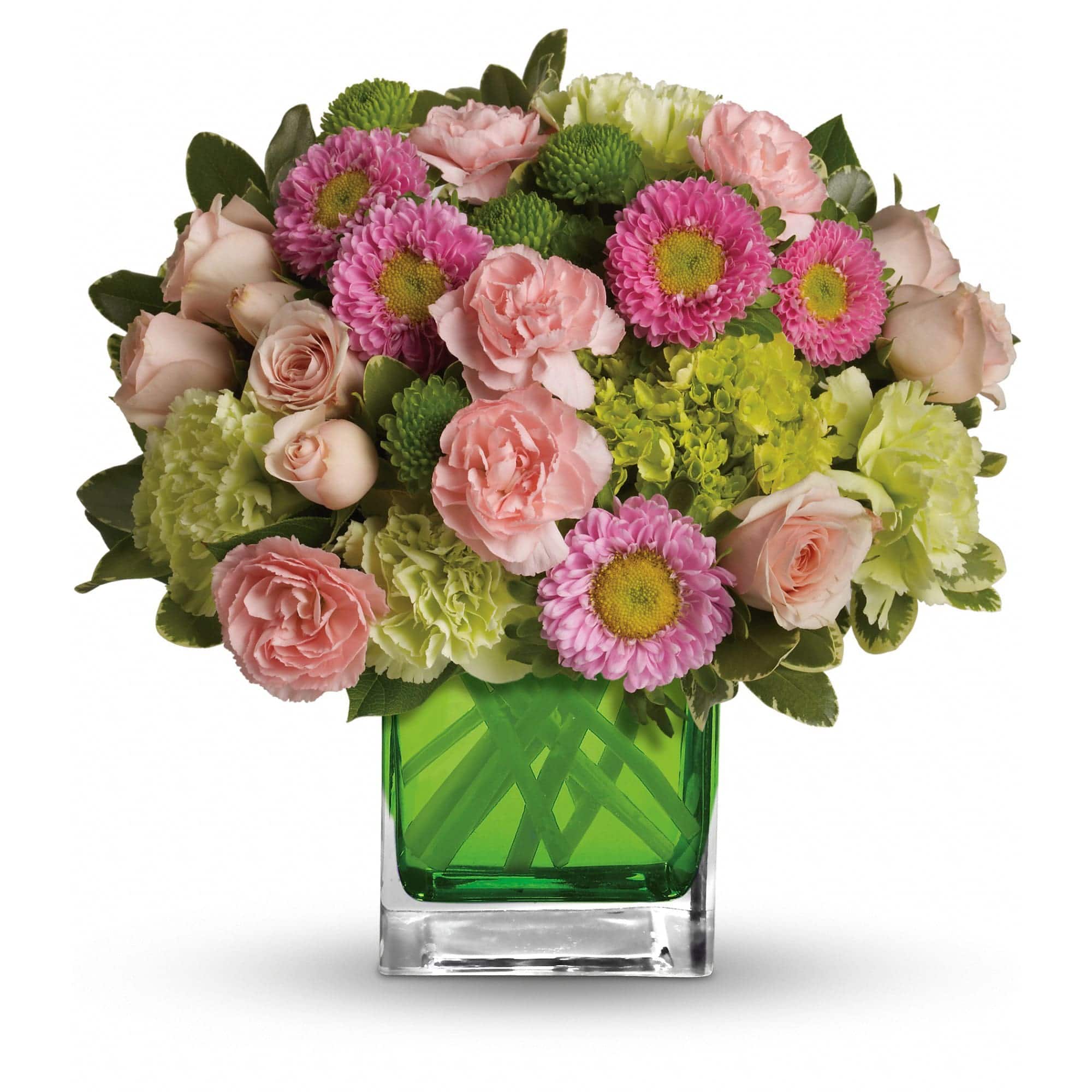 green miniature hydrangea, light pink spray roses, green carnations