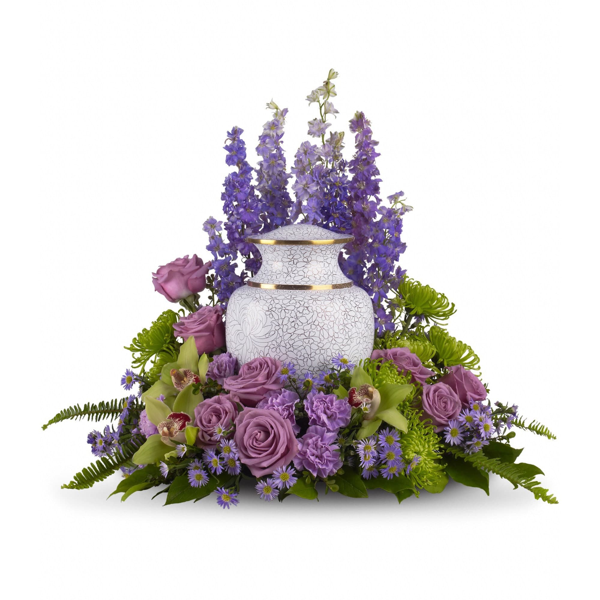 lavender larkspur, roses, carnations and asters, plus, green cymbidium orchids