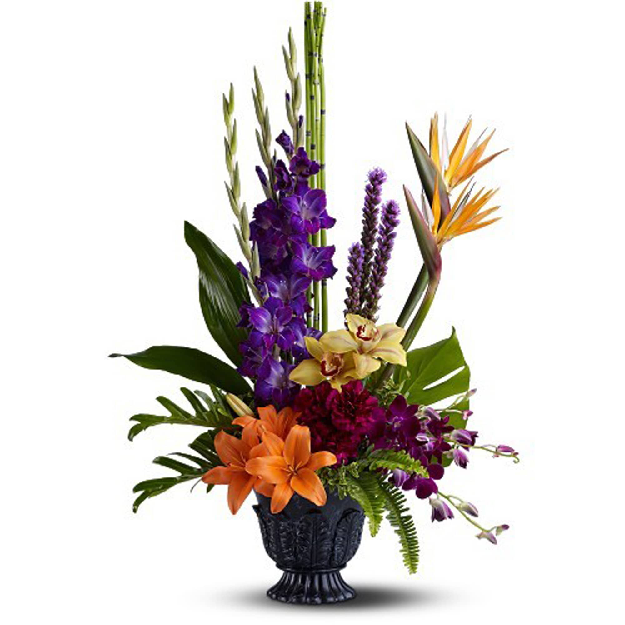 Asiatic lilies, orchids, gladioli, Birds of Paradise, Xanadu Philodendron and Aspidistra leaves