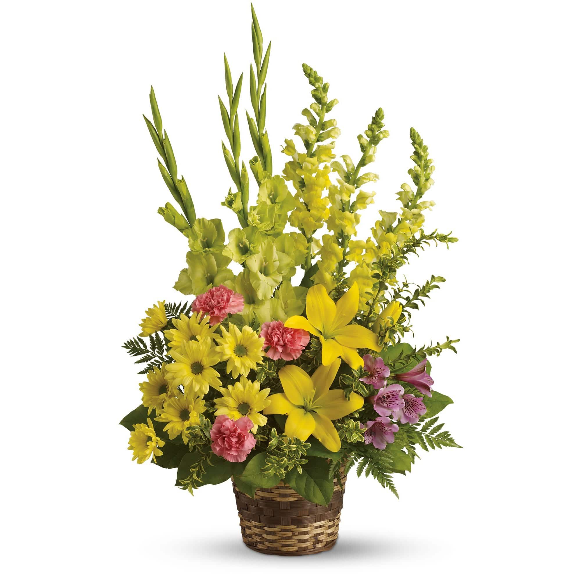 yellow asiatic lilies, yellow gladioli, yellow snapdragons, pink carnations