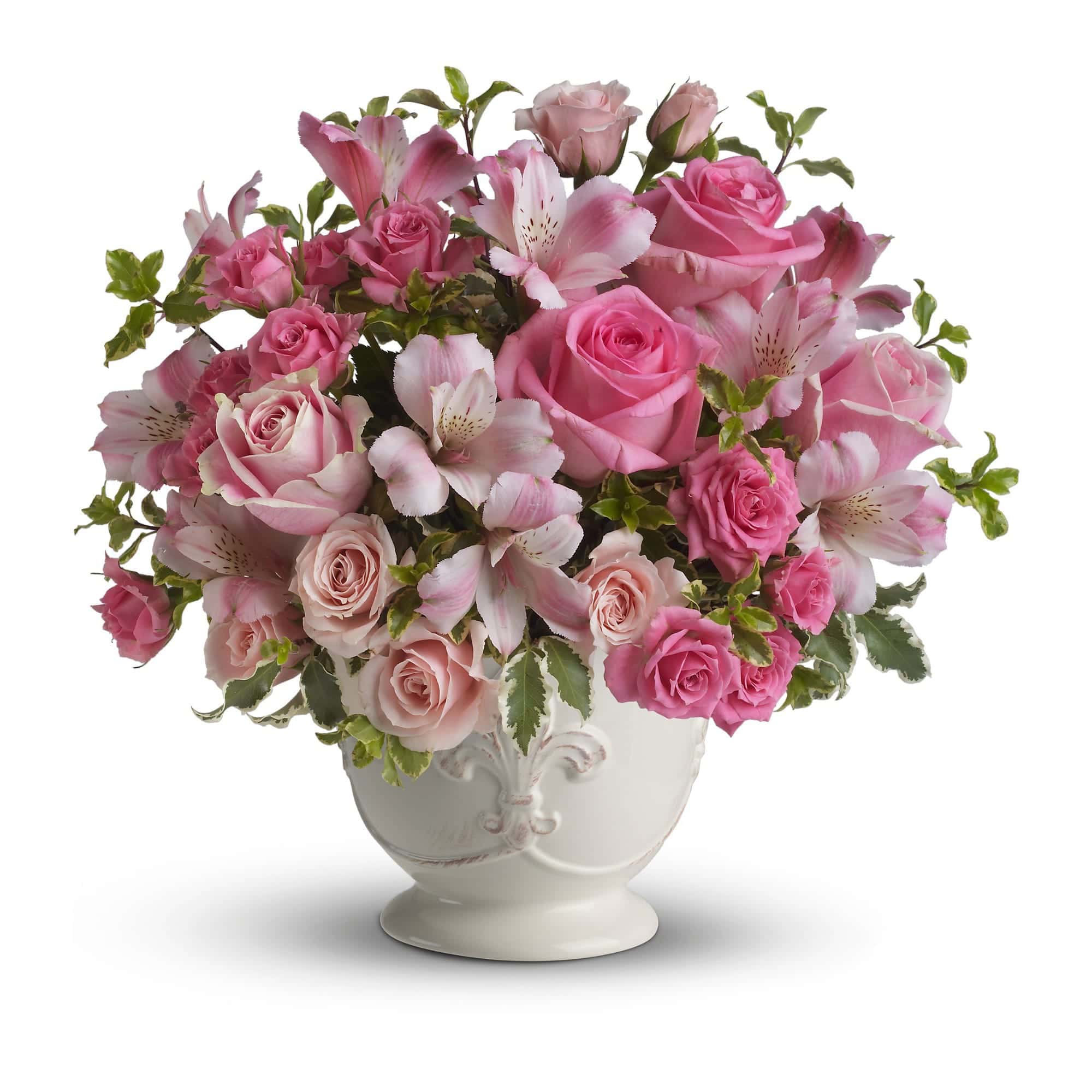 pink roses, pink alstroemeria and green pitta negra