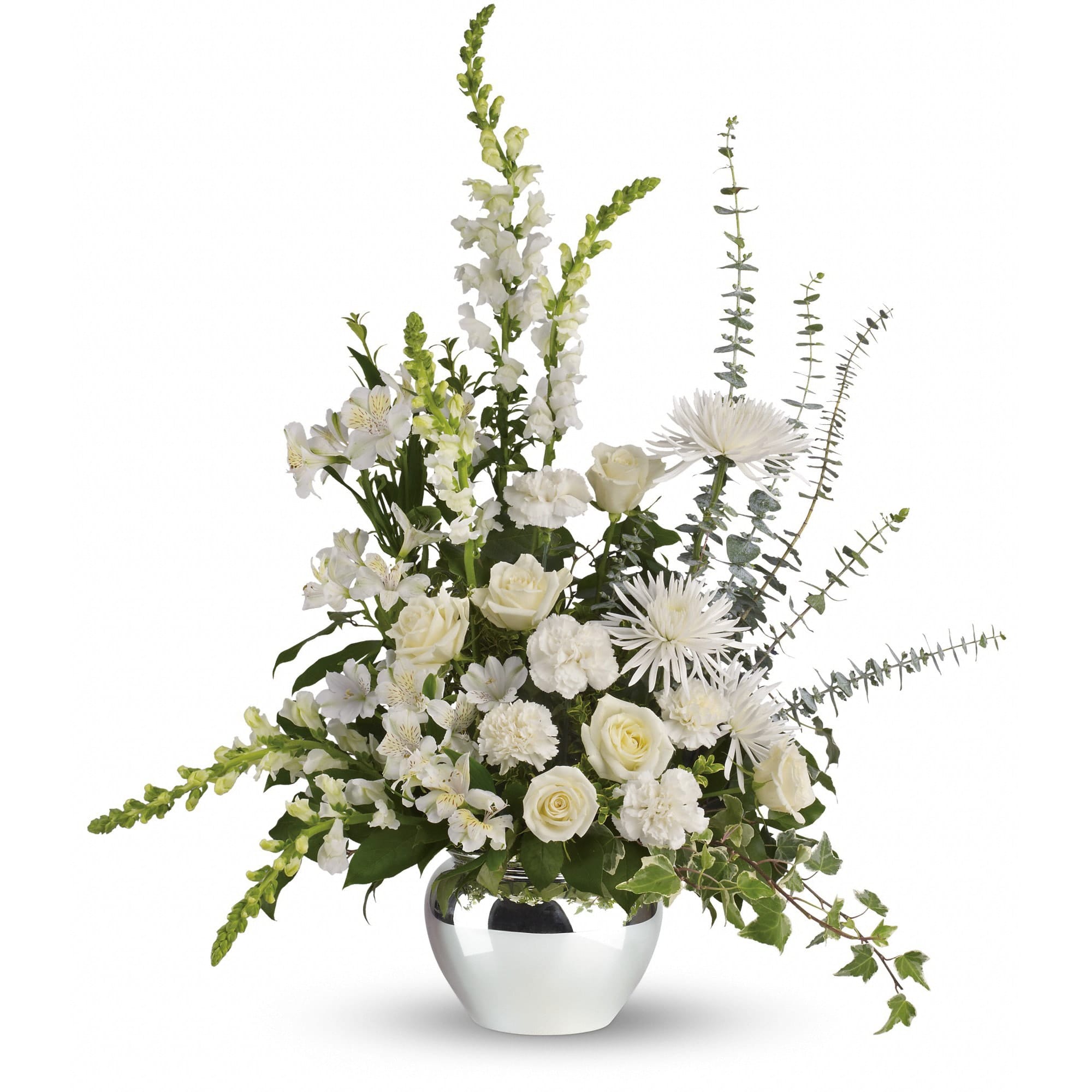 white roses, white alstroemeria, white carnations, white snapdragons