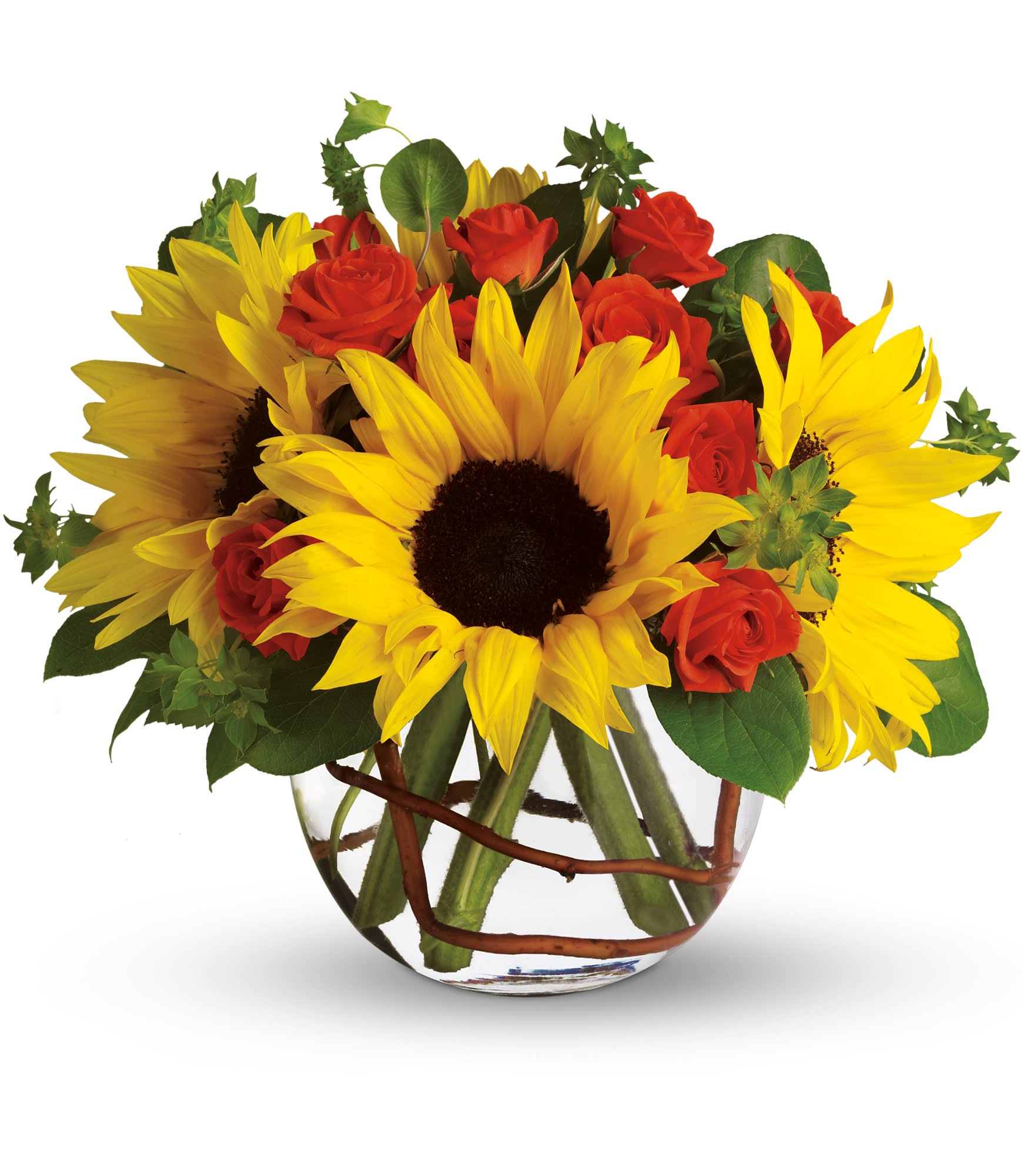 sunflowers and roses in a small glass vase