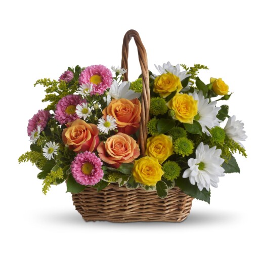 orange and yellow roses, pink matsumoto asters, white daisies, green button mums