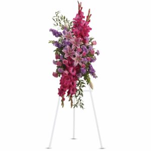 pink roses, oriental lilies and gladioli blend with purple stock