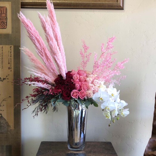 Pink pampas with red pink and white roses